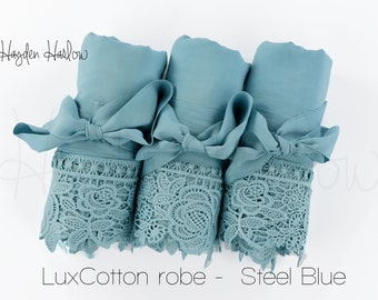STEEL BLUE Cotton Robe matching Luxlace trim -Monogrammable | sizes XS thru 3XL, child sizes - Bridesmaid gift, bridal or flower girl
