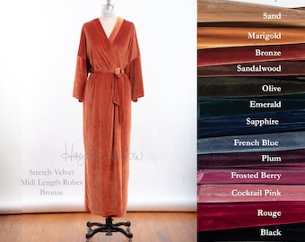 NEW! Midi length Luxurious Stretch Velvet kimono robe- Sizes 0 thru 5XL | velvet robe |  bridesmaid| Black | Green | White | Long