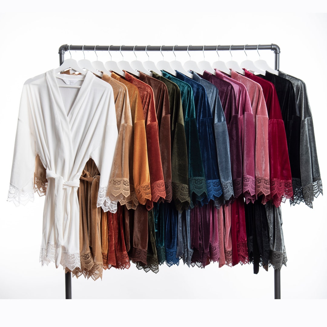 Lace Trim Velvet Robe, Luxurious Stretch Kimono, Bridesmaid or Holiday ...
