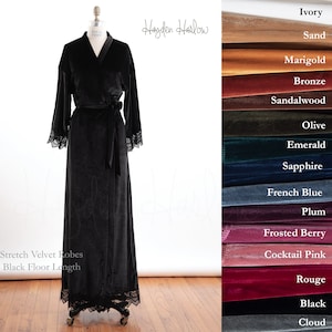 Ready to Ship - Floor length Luxurious Stretch Velvet & Lace kimono robe- Sizes 0 thru 3XL | velvet robe |  bridesmaid | Long