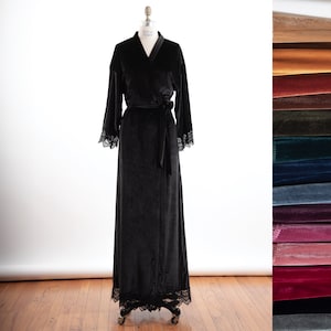 EMBROIDERED Floor length Luxurious Stretch Velvet & Lace kimono robe-Adult Sizes 0 thru 3XL | velvet robe |  bridesmaid Robe | long