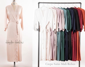 Crepe Midi Length robe - Adult Sizes 0 thru 5XL | long silk robe | gift | bride | honeymoon | bridesmaid, maternity, bridal | long