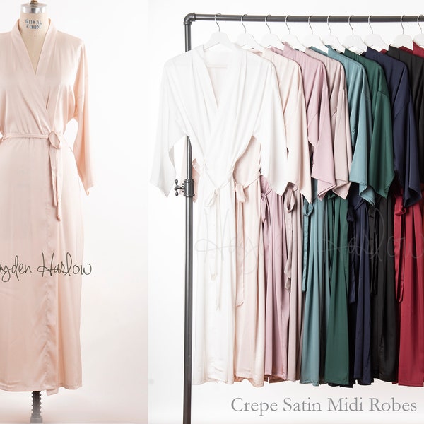 Crepe Midi Length robe - Adult Sizes 0 thru 5XL | long silk robe | gift | bride | honeymoon | bridesmaid, maternity, bridal | long