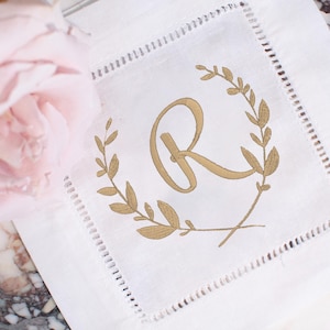 Personalized Embroidered Cocktail Napkins with Modern Wreath Initial  Set of 4, 6, 12, 20