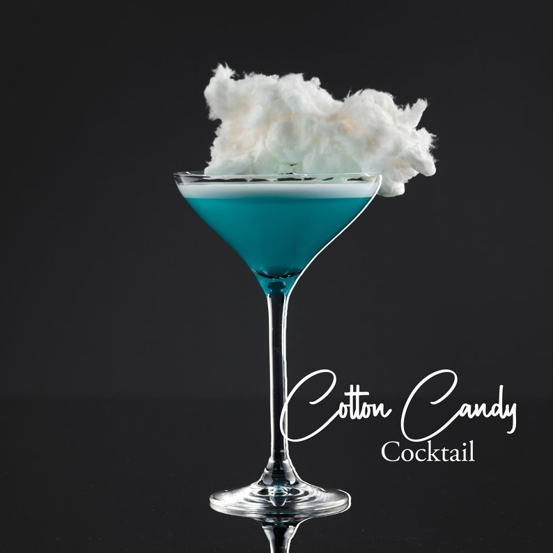 May include: A blue cocktail with a cotton candy garnish in a martini glass. The text "Cotton Candy Cocktail" is written below the glass.