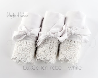 WHITE Robe sizes XL thru 5XL | LuxCotton Robe w/matching lace - Monogrammable | child sizes- Bridesmaid gift, bridal, LuxCotton