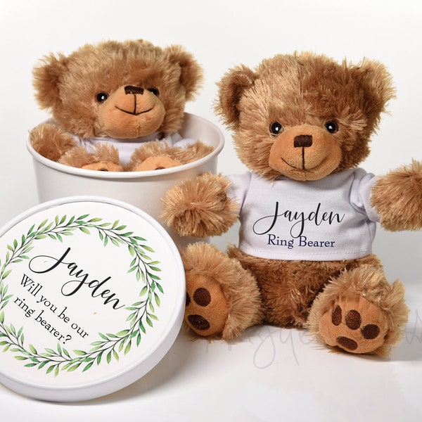 Wreath Personalized Teddy Bear Gift | brown or white bear | Ring Bearer | Flower Girl Ask-Proposal, Baby shower gift set | (WCWreath)