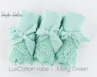 MISTY GREEN Cotton Robe w/matching Lux lace 18 colors-Monogrammable, Customizable | sizes XS thru 3XL, child sizes-Bridesmaid Robe