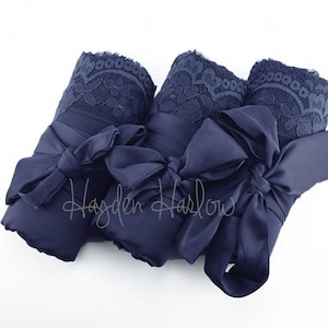 Navy Blue Charmeuse Satin Robe with lace trim-Bride Bridesmaid Flowergirl Monogrammable regular, plus and children's sizes image 1