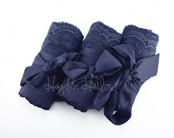 Navy Blue Charmeuse Satin Robe with lace trim-Bride Bridesmaid Flowergirl -Monogrammable- regular, plus and children's sizes