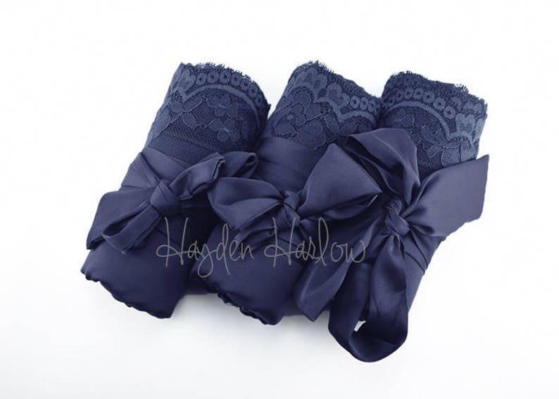 Navy Blue Charmeuse Satin Robe with lace trim-Bride Bridesmaid Flowergirl Monogrammable regular, plus and children's sizes image 1