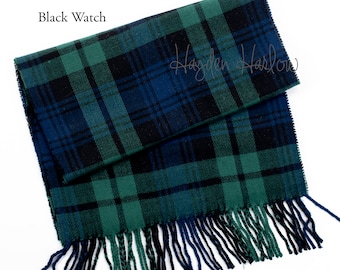 Édition limitée : cadeau écharpe chaude hiver laine mélangée tartan noir, bas de Noël, personnalisé - monogramme