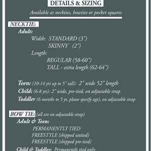Pode incluir: Uma tabela informativa cinza-escura intitulada DETAILS & SIZING listando op&ccedil;&otilde;es de gravatas e la&ccedil;os. As larguras das gravatas incluem 3 e 2 polegadas. Os comprimentos s&atilde;o 58-60 e 62-64 polegadas. Tamanhos para adolescentes e crian&ccedil;as est&atilde;o listados.