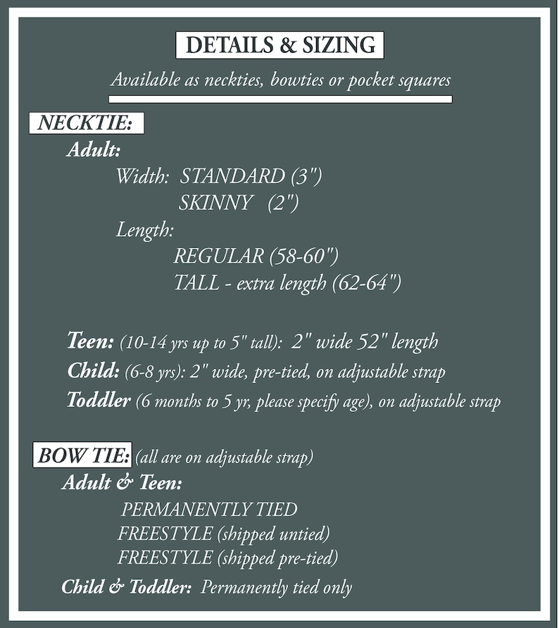 Pode incluir: Uma tabela informativa cinza-escura intitulada DETAILS & SIZING listando op&ccedil;&otilde;es de gravatas e la&ccedil;os. As larguras das gravatas incluem 3 e 2 polegadas. Os comprimentos s&atilde;o 58-60 e 62-64 polegadas. Tamanhos para adolescentes e crian&ccedil;as est&atilde;o listados.