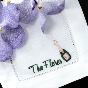 Personalized Embroidered Cocktail Napkins with Champagne bottle Custom Name Set of 4, 6, 12