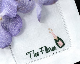 Personalized Embroidered Cocktail Napkins with Champagne bottle Custom Name Set of 4, 6, 12 |