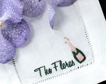 Personalisierte gestickte Cocktailservietten mit Champagnerflasche Benutzerdefinierter Name Set von 4, 6, 12