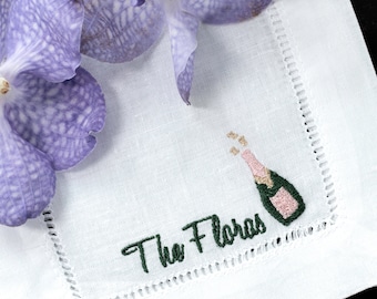 Personalized Embroidered Cocktail Napkins with Champagne bottle Custom Name Set of 4, 6, 12 |