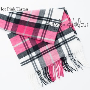 Hot Pink Tartan Wool Blend Scarf: Monogrammable Winter Gift