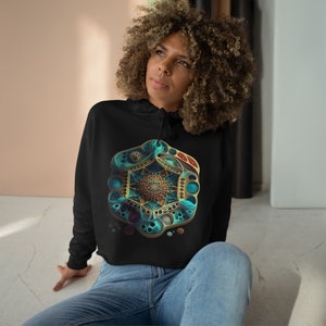 Sacred Graphic Hoodie, Underwater Hexagon Crop Hoodie, Oversized Pullover Hoodie, Sacred Clothing, Black Hooded Sweatshirt