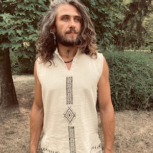 Camisa tribal algodón orgánico block print Artesano hombre hippie Boho Rainbow étnico hecho a mano terroso hombres crudos etno blanco Espíritu natural eco öko imagen 6