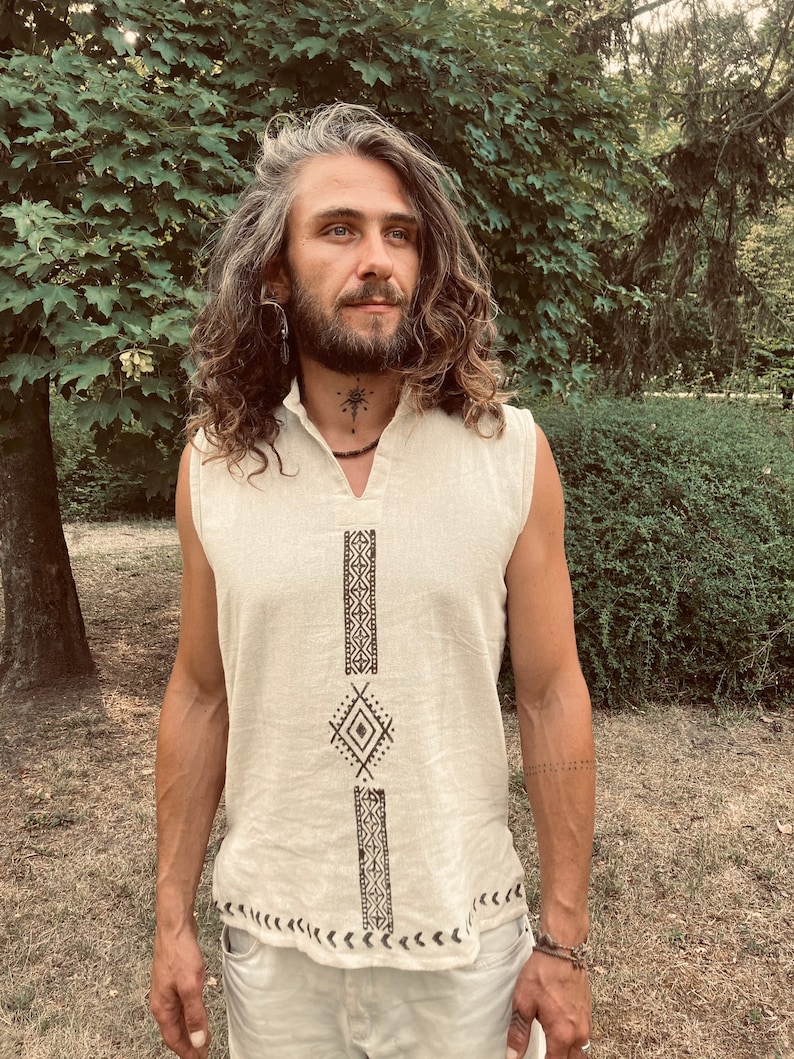 Camisa tribal algodón orgánico block print Artesano hombre hippie Boho Rainbow étnico hecho a mano terroso hombres crudos etno blanco Espíritu natural eco öko imagen 6