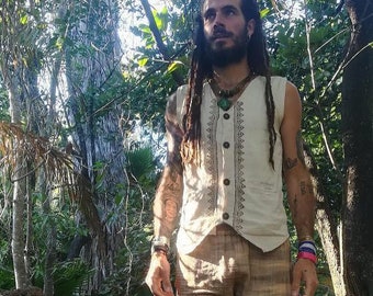Wild man organic cotton natural blockprint vest eco clothing Tribal wear handmade native vest man for men earthwear etno fAshion hippie
