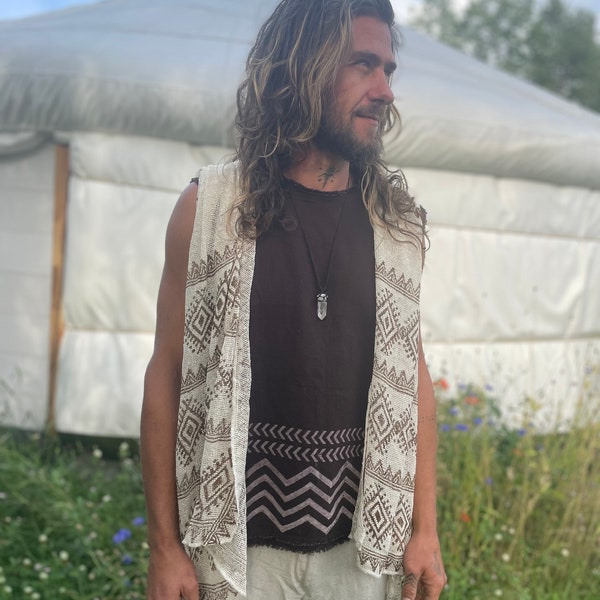 Man grunge print 70s vintage rainbow hippie kimono Weste blockprint pattern vest festival psytrance Goa outfit ceremony tribal natural