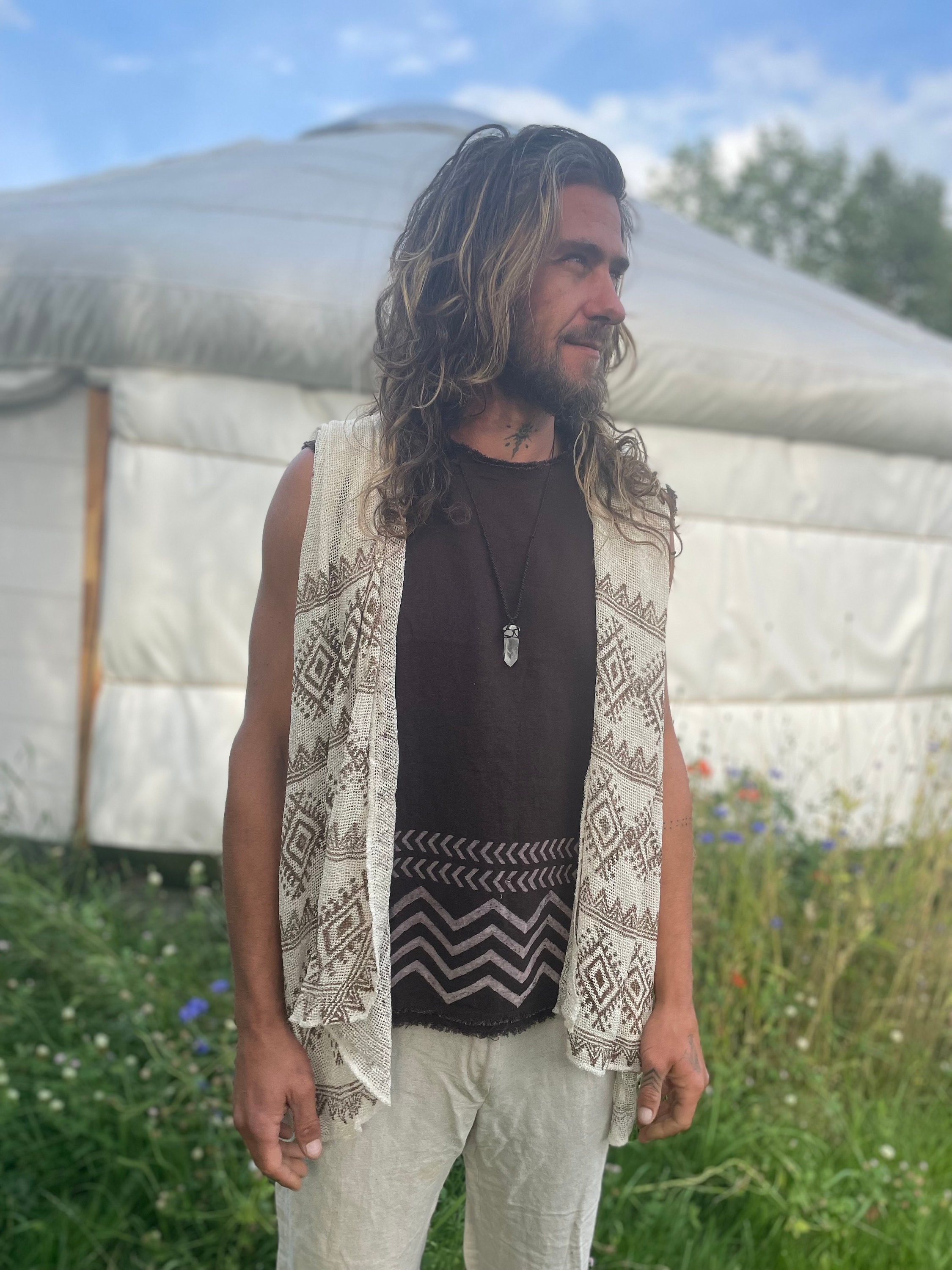 Man grunge print 70s vintage rainbow hippie kimono vest block print pattern vest festival psytrance Goa outfit ceremony tribal natural