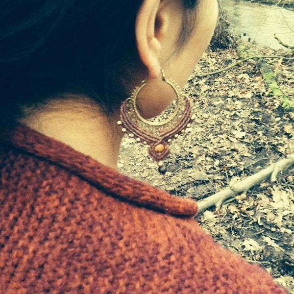 beautyful handmade gipsy tribal boho jewelry brass earrings with macramee