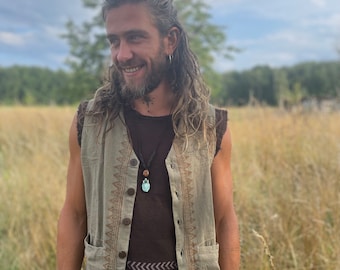 Wild man organic cotton natural blockprint vest eco clothing Tribal wear handmade native Weste  Männer earthwear etno fAshion hippie Olive