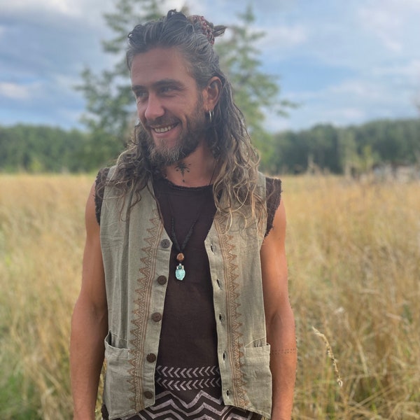 Wild man organic cotton natural blockprint vest eco clothing Tribal wear handmade native Weste  Männer earthwear etno fAshion hippie Olive