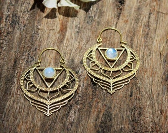 Triángulo Mágico piedra lunar LOTUS pendientes dorados Pendientes boho joyería gitana