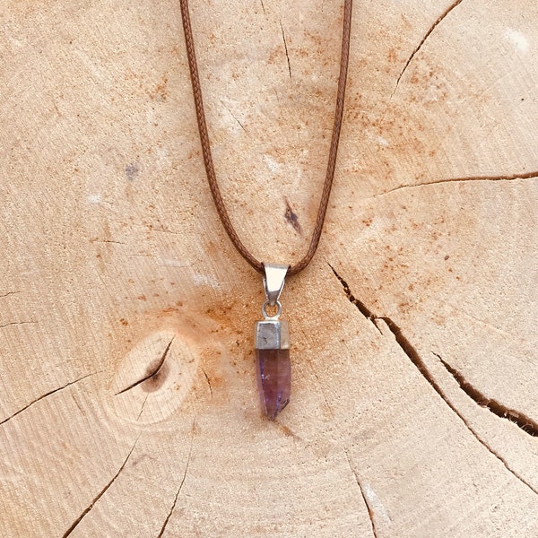 Minimalist crystal pendant necklace simple and yet so magically beautiful with small amethyst framed in silver