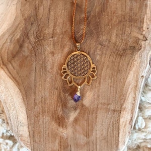 Flower of life amethyst healing pendant third eye opening necklace boho chic hippie Waldorf jewellery