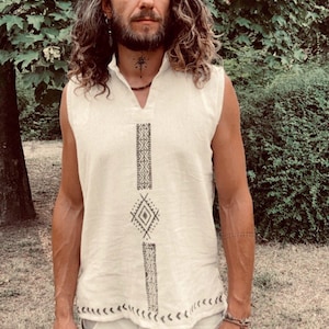 Camisa tribal algodón orgánico block print Artesano hombre hippie Boho Rainbow étnico hecho a mano terroso hombres crudos etno blanco Espíritu natural eco öko imagen 3