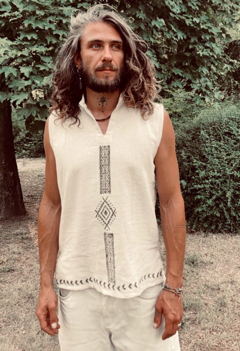 Camisa tribal algodón orgánico block print Artesano hombre hippie Boho Rainbow étnico hecho a mano terroso hombres crudos etno blanco Espíritu natural eco öko imagen 3