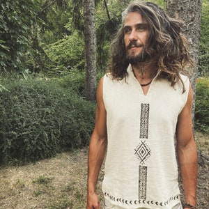 Tribal shirt organic cotton block print Artesano man hippie Boho Rainbow ethnic handmade earthy raw men etno white Natural spirit eco öko