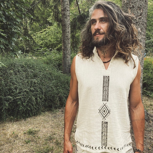 Tribal shirt organic cotton blockprint Artesano man hippie Boho Rainbow ethnic handmade earthy raw  men etno white Natural spirit eco öko