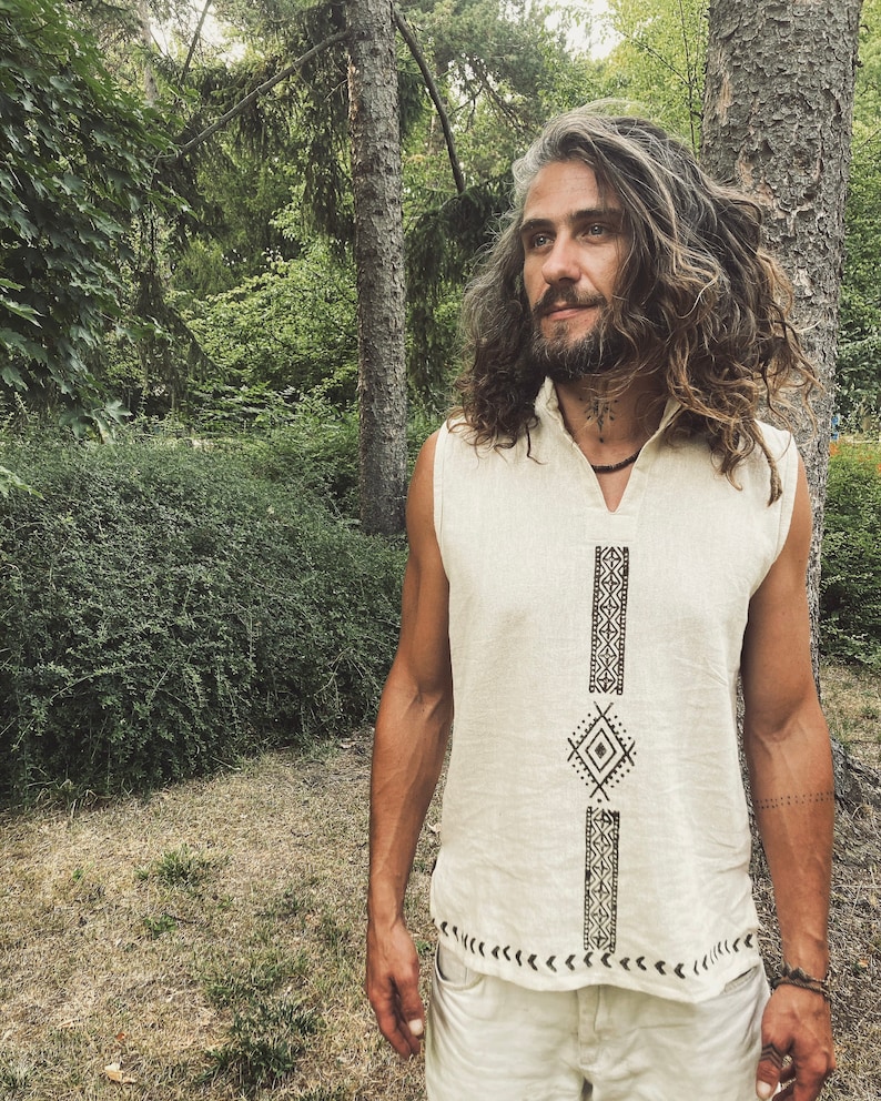 Tribal shirt organic cotton block print Artesano man hippie Boho Rainbow ethnic handmade earthy raw men etno white Natural spirit eco öko image 1