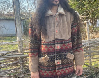 Giacca in pelle scamosciata con motivo Navajo vintage azteco, da uomo, taglia M-L, rara, vintage, anni '80, '90, retrò, hippie, boho, Ibiza, hipster