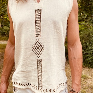 Camisa tribal algodón orgánico block print Artesano hombre hippie Boho Rainbow étnico hecho a mano terroso hombres crudos etno blanco Espíritu natural eco öko imagen 8