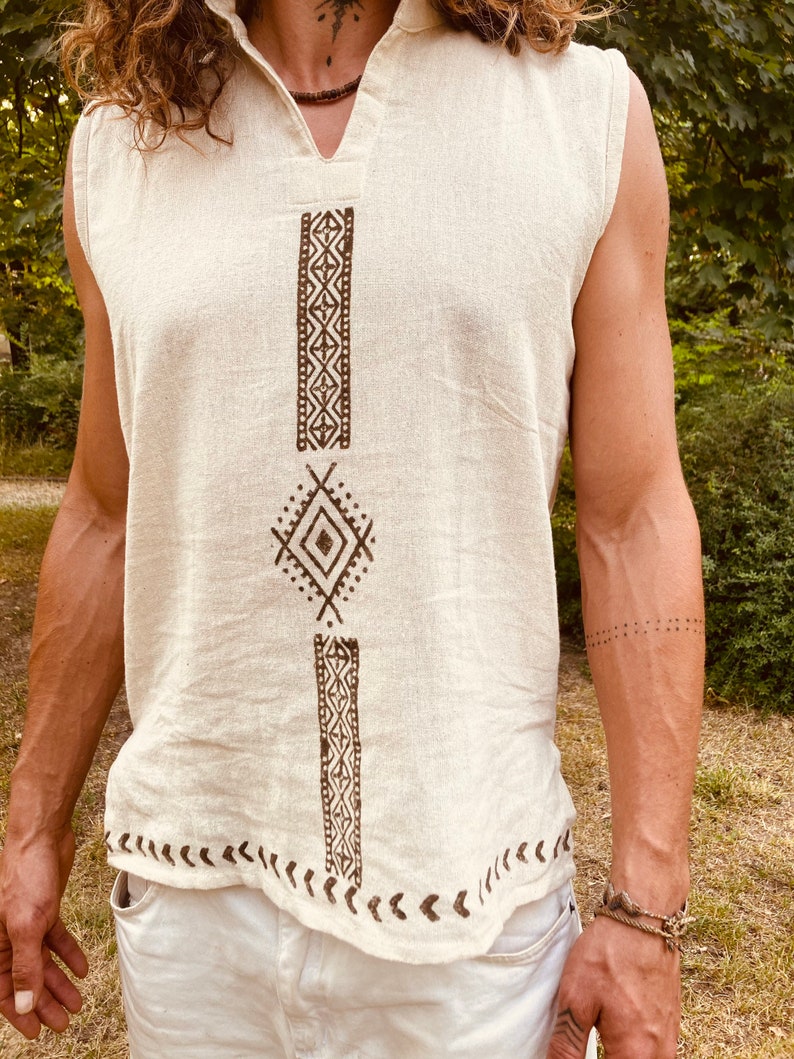 Camisa tribal algodón orgánico block print Artesano hombre hippie Boho Rainbow étnico hecho a mano terroso hombres crudos etno blanco Espíritu natural eco öko imagen 8