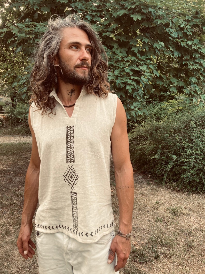 Camisa tribal algodón orgánico block print Artesano hombre hippie Boho Rainbow étnico hecho a mano terroso hombres crudos etno blanco Espíritu natural eco öko imagen 4