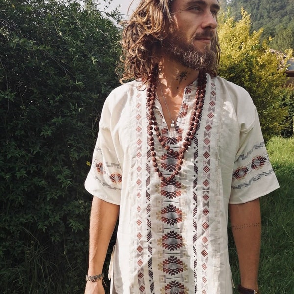 Tribal Artesano Etno man hippie Boho Rainbow ethnic handmade Chiapas noble earthy raw mexican shirt for men beautyful pattern light white