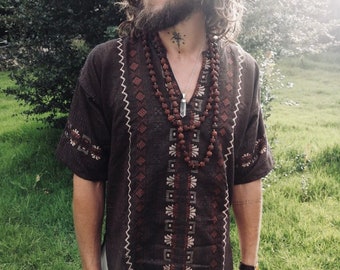 Tribal Artesano Etno man hippie Boho Rainbow ethnic handmade Chiapas noble earthy raw mexican shirt for men beautiful pattern dark brown