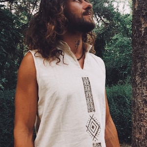 Camisa tribal algodón orgánico block print Artesano hombre hippie Boho Rainbow étnico hecho a mano terroso hombres crudos etno blanco Espíritu natural eco öko imagen 2