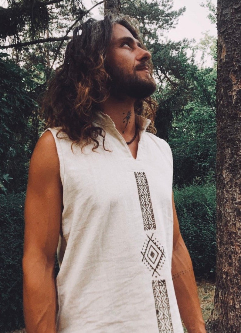 Camisa tribal algodón orgánico block print Artesano hombre hippie Boho Rainbow étnico hecho a mano terroso hombres crudos etno blanco Espíritu natural eco öko imagen 2