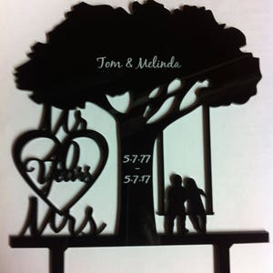 Anniversary Couple Mr & Mrs Years Heart, Carved Date and First Names Tree Silhouette  Couple In A Swing Wedding Cake Topper