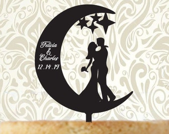 Personalized Moon and Stars Cake topper with Couple Silhouette - First Names and Date - Silhouette Couple - To the Moon and Back